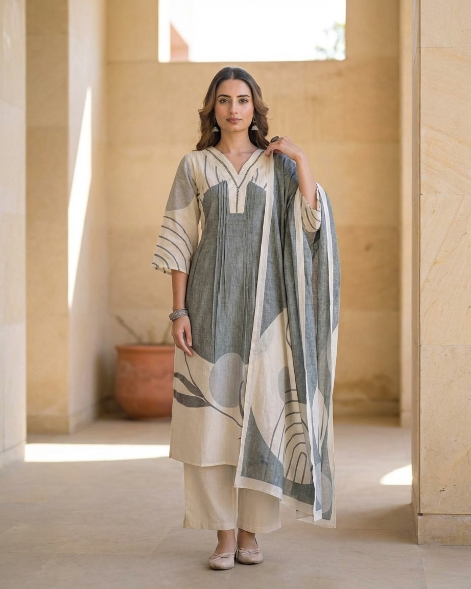 Grey Cream Linen Slub Cotton A-Line Suit Set | Colour Block | M'Foks