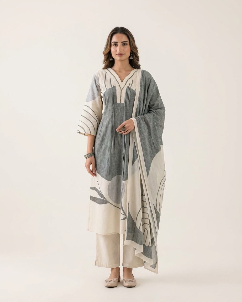 Grey Cream Linen Slub Cotton A-Line Suit Set | Colour Block | M'Foks