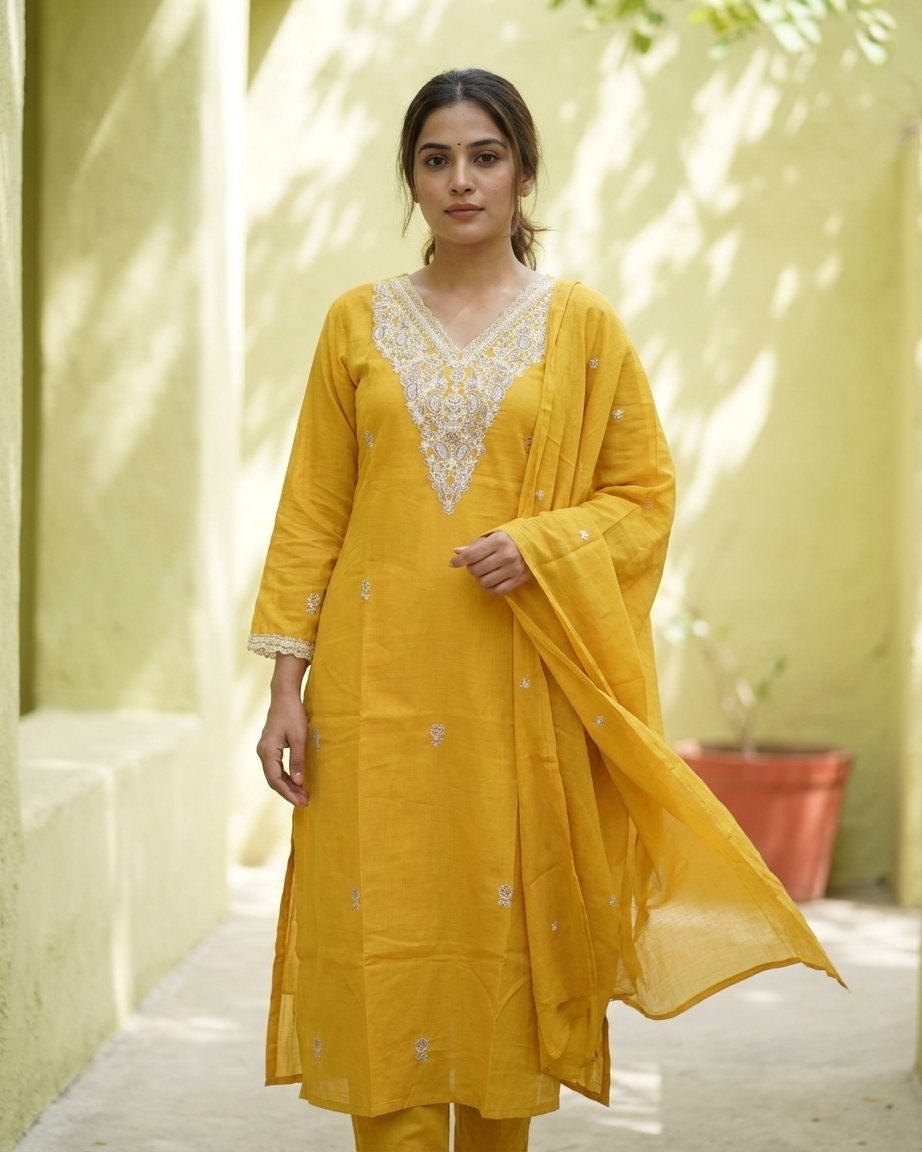 Mustard Pure Cotton Straight Suit Set | Floral Embroidery | Tonal | M'Foks