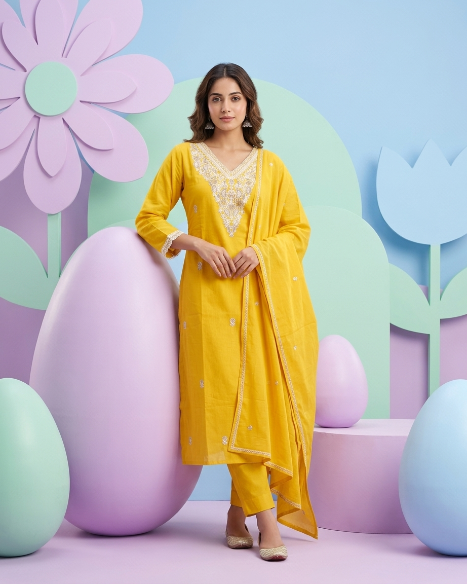 Mustard Pure Cotton Straight Suit Set | Floral Embroidery | Tonal | M'Foks