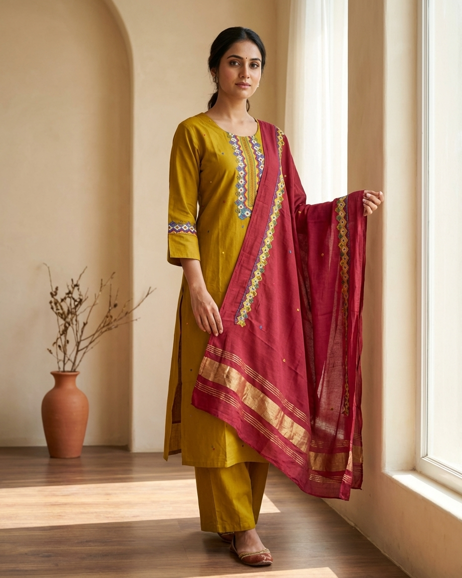 Mustard Cotton Suit Set | Rani Pink Chanderi Dupatta | Folk Embroidery | M'Foks