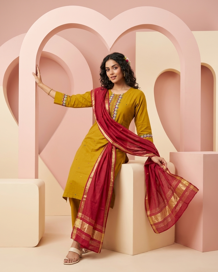 Mustard Cotton Suit Set | Rani Pink Chanderi Dupatta | Folk Embroidery | M'Foks