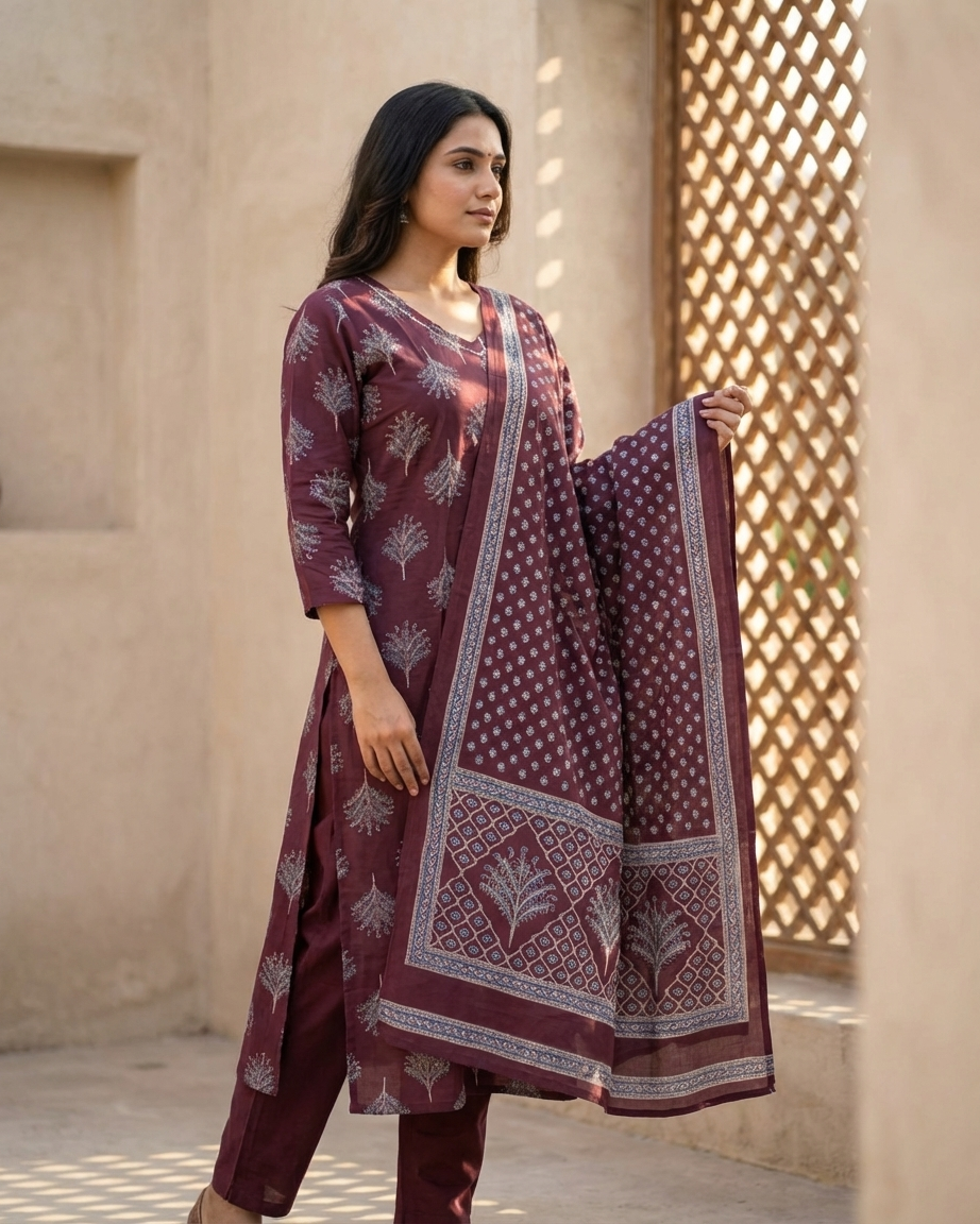 Wine Cotton Block Print Straight Suit Set | Botanical Print | Ajrakh Dupatta | M'Foks
