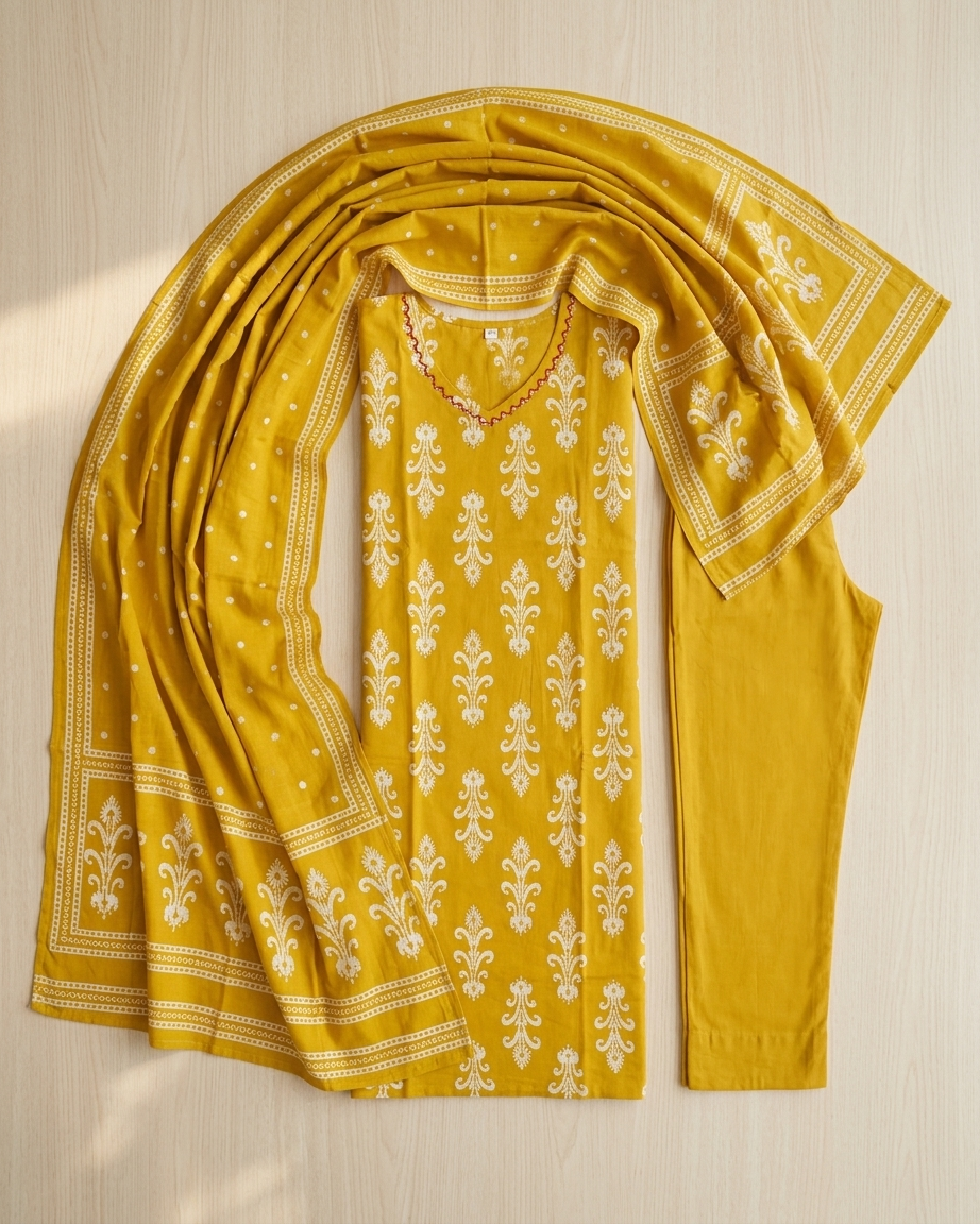 Yellow Cotton Baroque Block Print Suit Set | Haldi | Jaipur Print | M'Foks