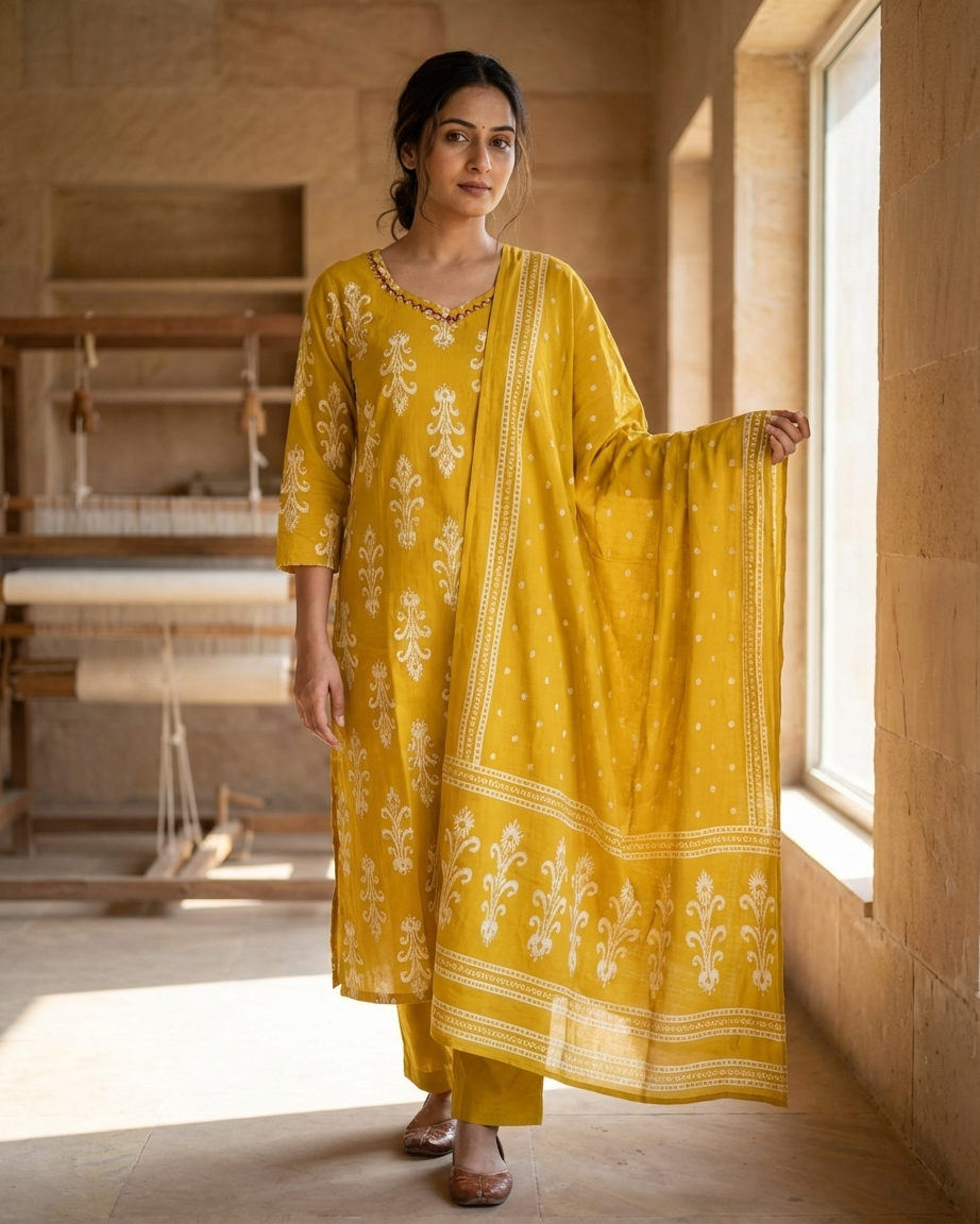Yellow Cotton Baroque Block Print Suit Set | Haldi | Jaipur Print | M'Foks