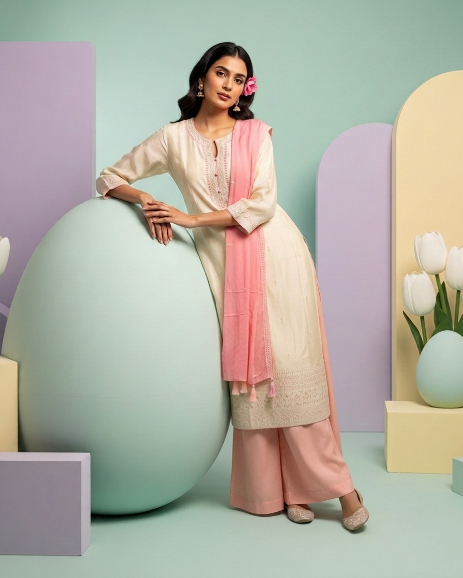 Ivory Tissue Kurta Set | Peach Pink Contrast Palazzo & Dupatta | Pakistanti Style | Zari Border | M'Foks