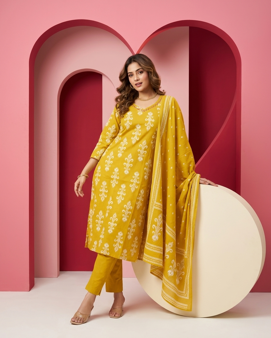Yellow Cotton Baroque Block Print Suit Set | Haldi | Jaipur Print | M'Foks