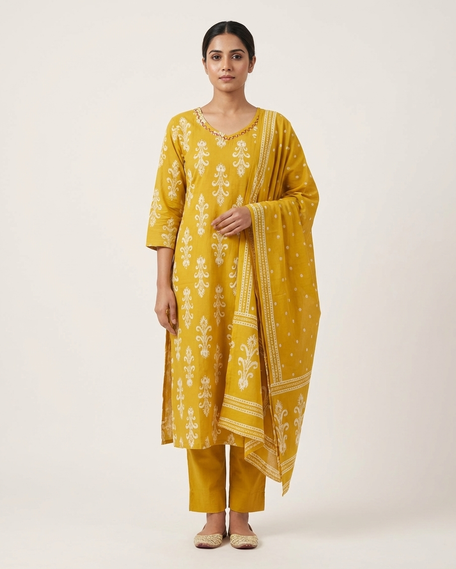 Yellow Cotton Baroque Block Print Suit Set | Haldi | Jaipur Print | M'Foks