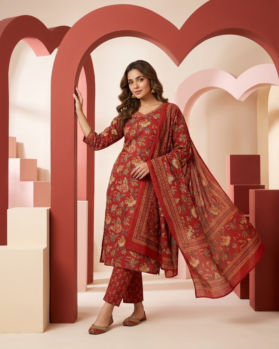 Rust Orange Cotton Floral Print Suit Set | Jaipur Print | M'Foks