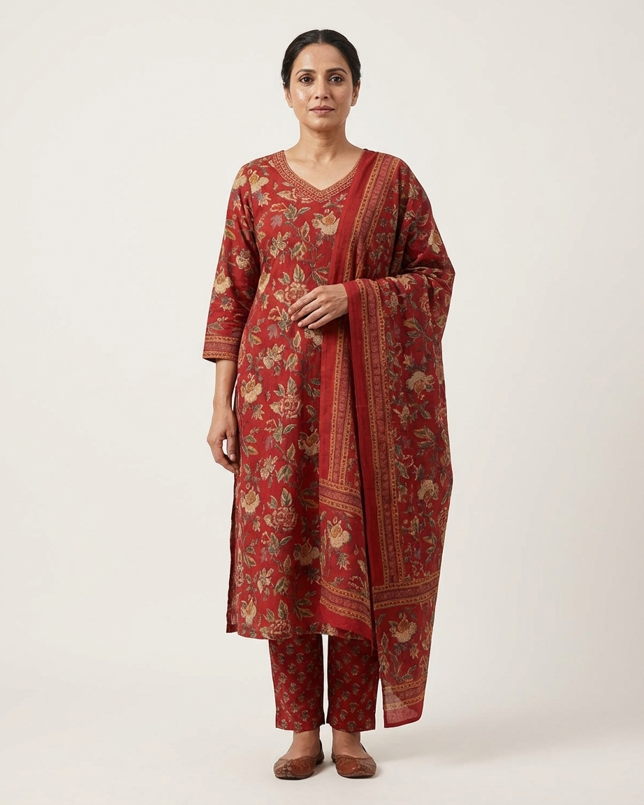 Rust Orange Cotton Floral Print Suit Set | Jaipur Print | M'Foks