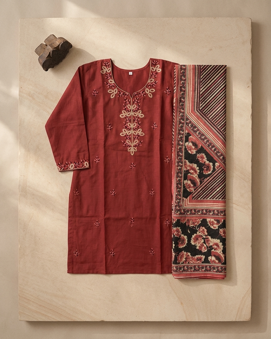 Brick Red Cotton Embroidered Suit Set | Black Floral Dupatta | M'Foks