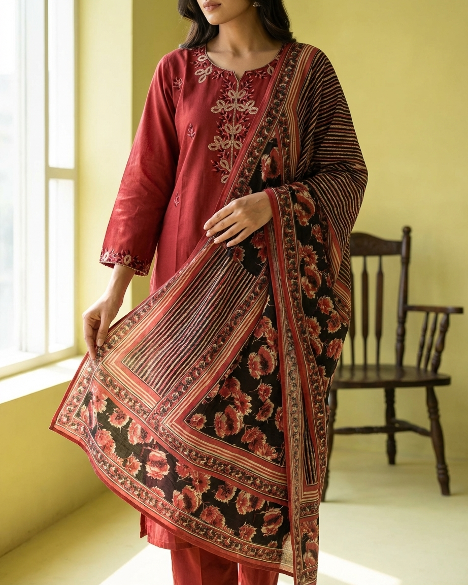 Brick Red Cotton Embroidered Suit Set | Black Floral Dupatta | M'Foks