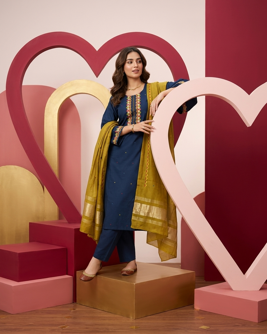 Navy Cotton Embroidered Suit Set | Mustard Chanderi Silk Dupatta | M'Foks