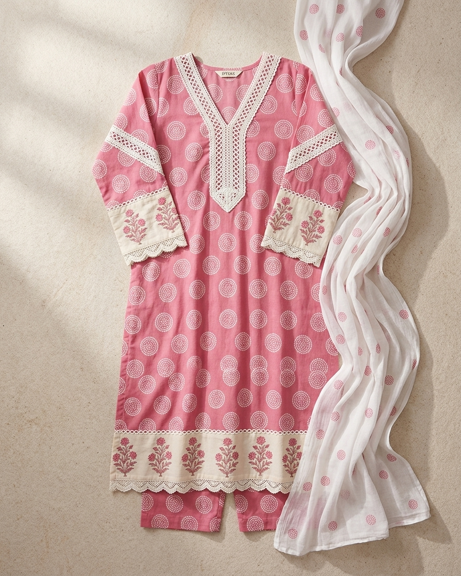 Dusty Rose Cotton Medallion Print Suit Set | Crochet Lace Trim | M'Foks