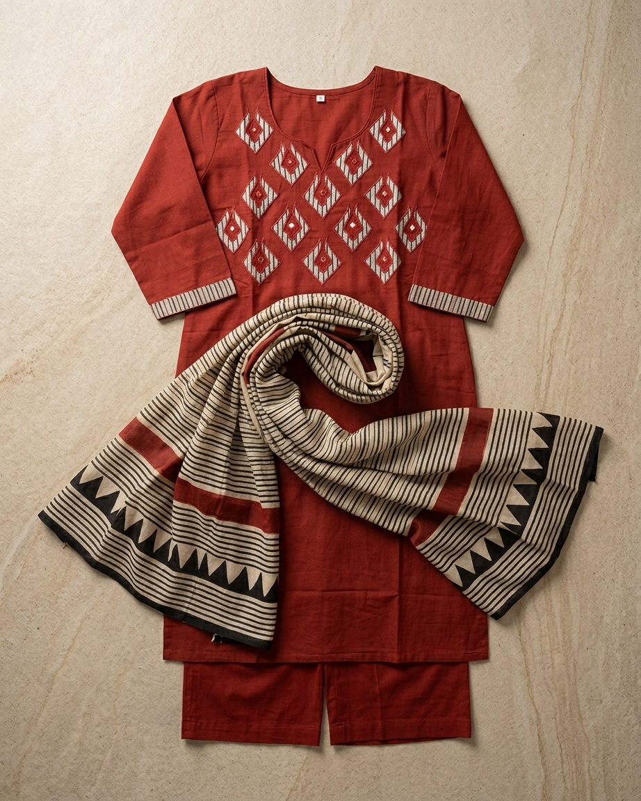 Rust Orange Cotton Geometric Suit Set | Tribal Print Dupatta | M'Foks