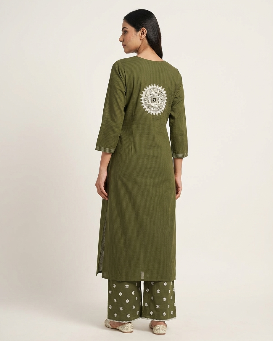 Mehendi Green Pure Cotton A-Line Kurta Set | Patch Embroidery | Straight Palazzo | Mul Dupatta | M'Foks