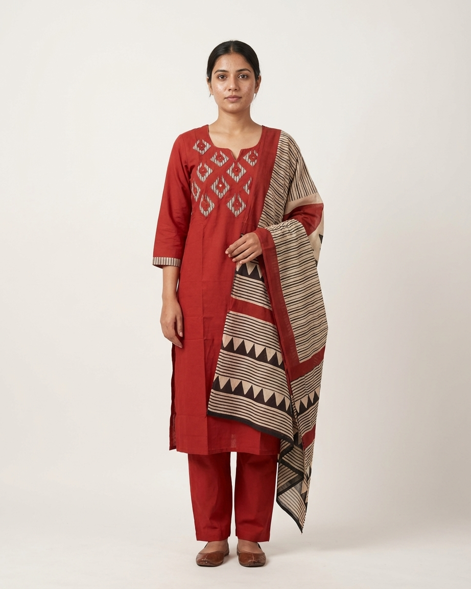 Rust Orange Cotton Geometric Suit Set | Tribal Print Dupatta | M'Foks