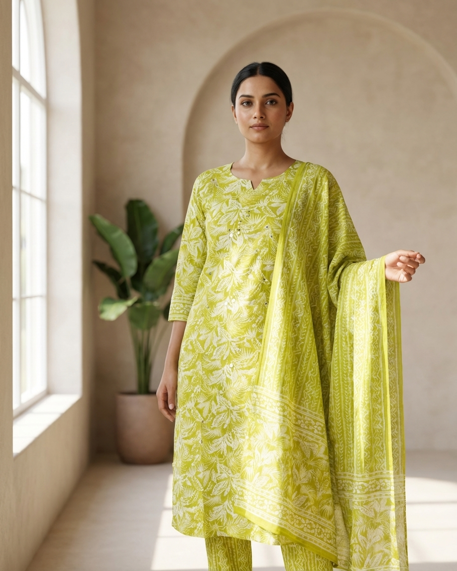 Lime Green Cotton Botanical Print Suit Set | Mirror Butti | M'Foks