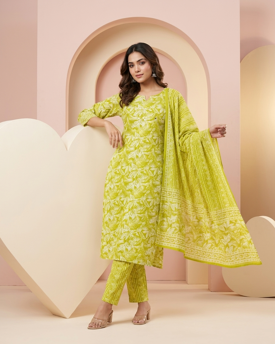 Lime Green Cotton Botanical Print Suit Set | Mirror Butti | M'Foks