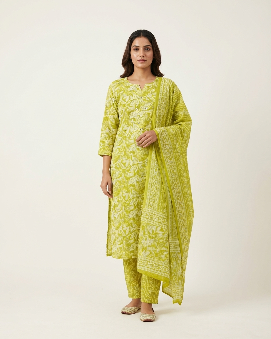 Lime Green Cotton Botanical Print Suit Set | Mirror Butti | M'Foks