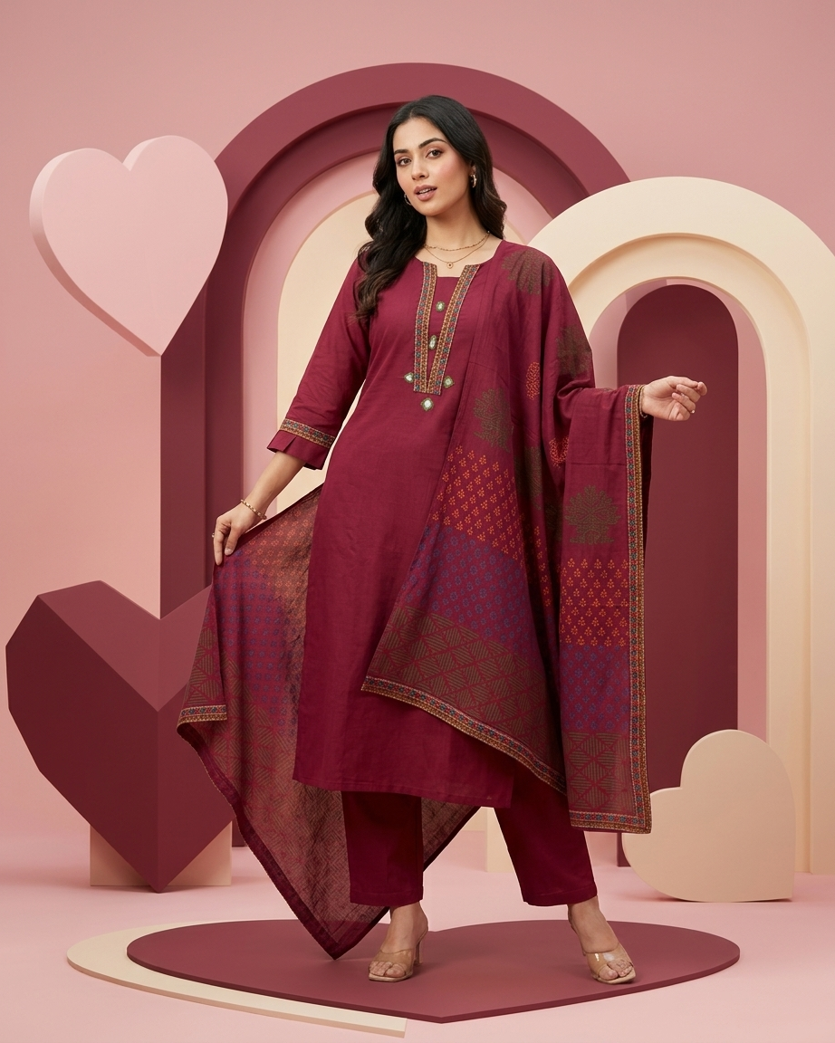 Magenta Cotton Geometric Embroidery Suit Set | Waist Band | M'Foks