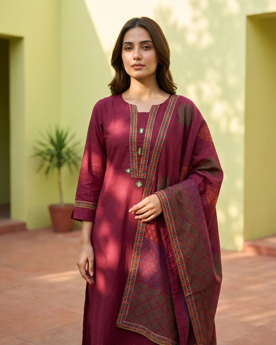Magenta Cotton Geometric Embroidery Suit Set | Waist Band | M'Foks