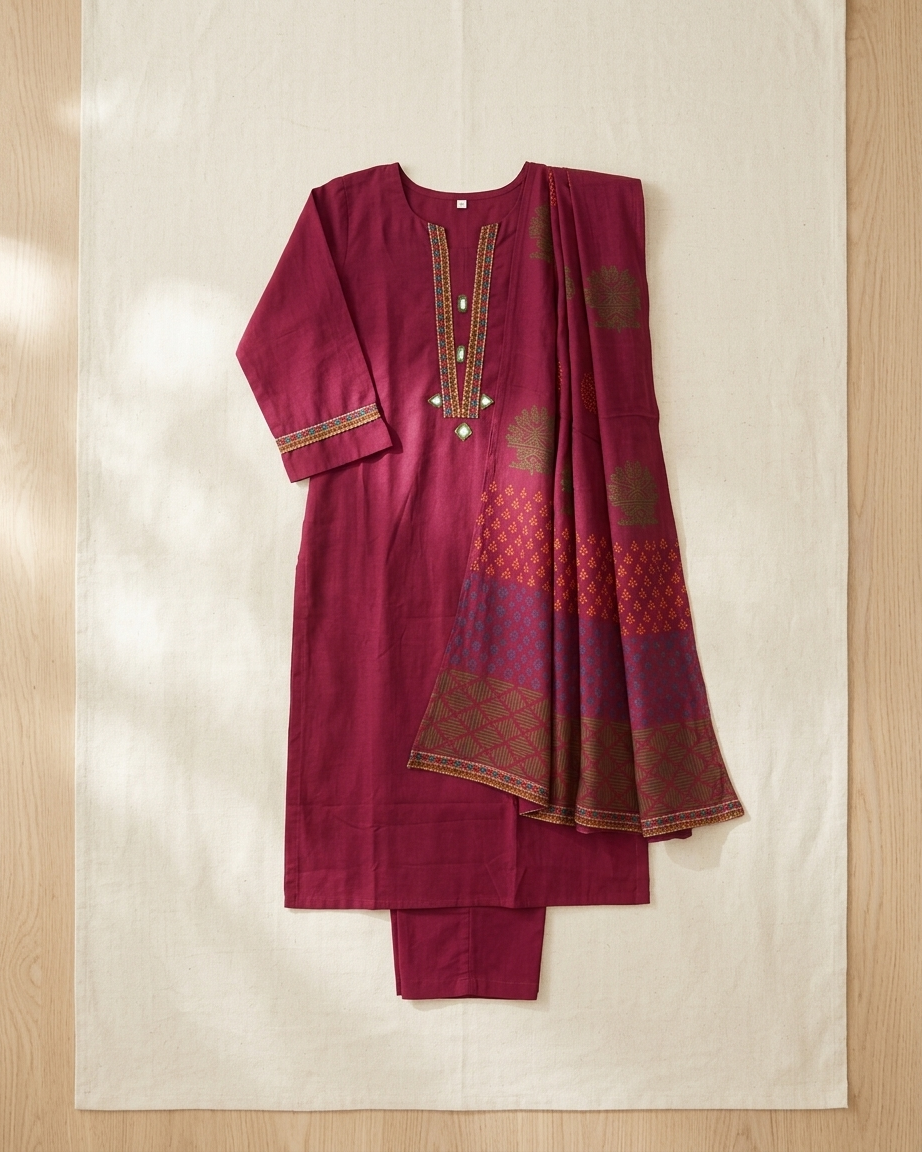 Magenta Cotton Geometric Embroidery Suit Set | Waist Band | M'Foks