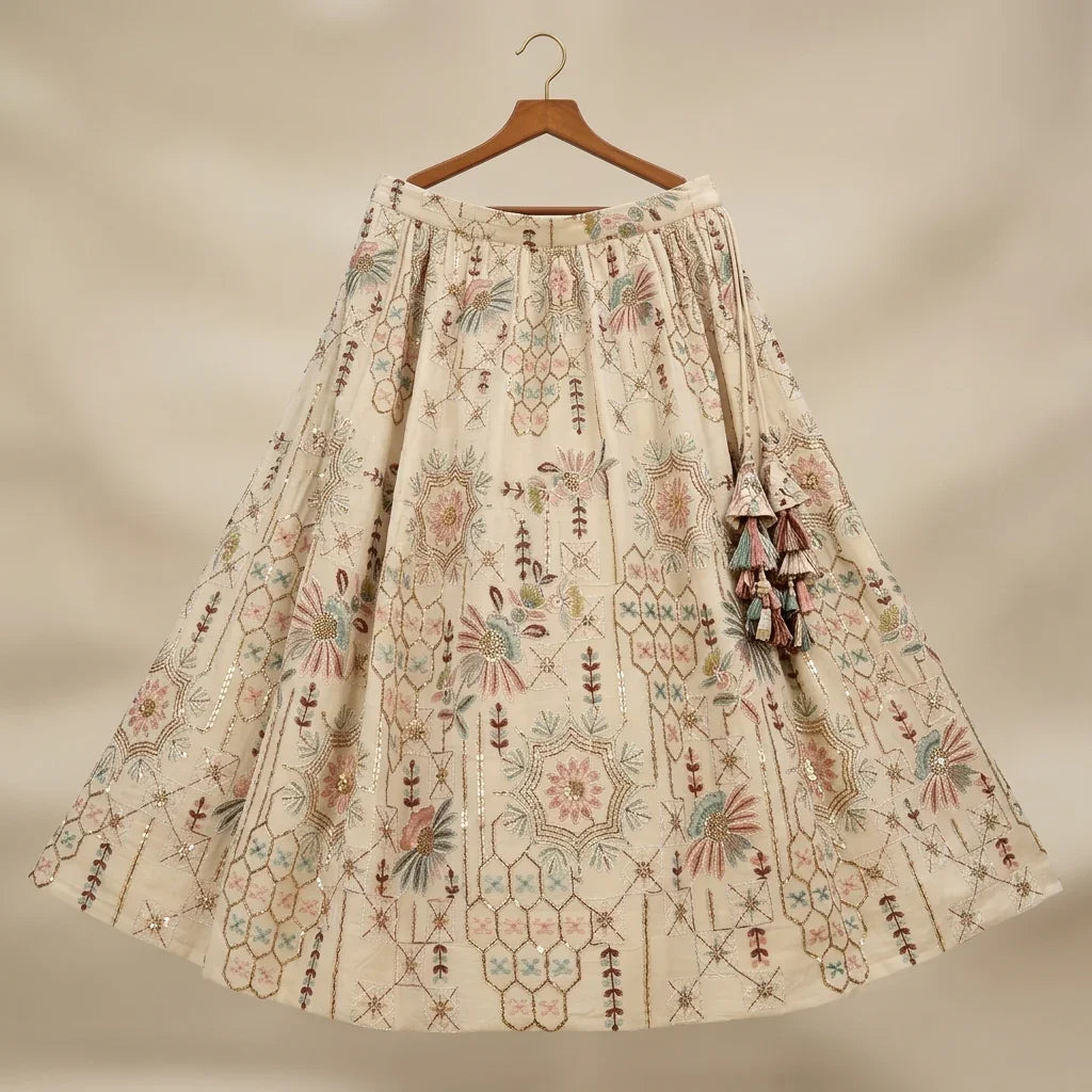 Pure Cotton Embroidery Fabric — Ivory | Thread & Sequin Work | M'Foks