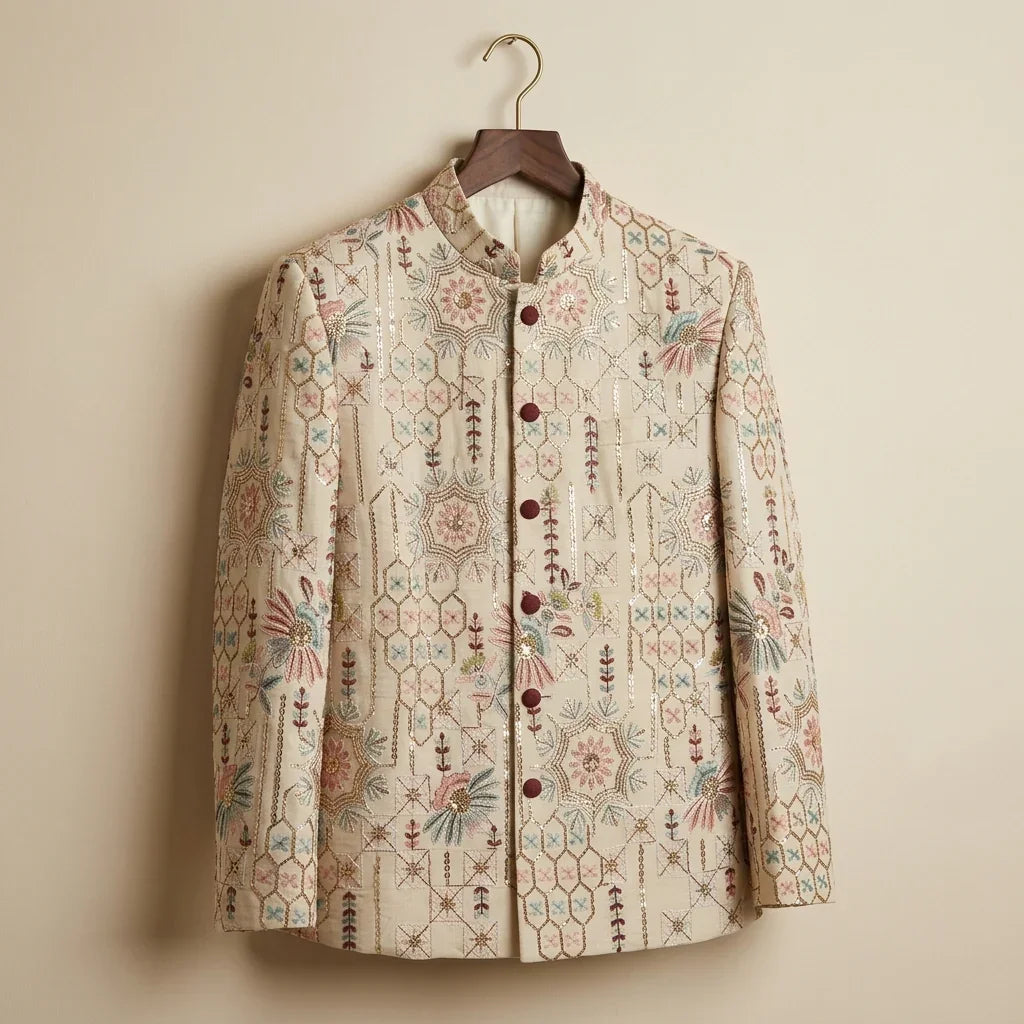 Pure Cotton Embroidery Fabric — Ivory | Thread & Sequin Work | M'Foks