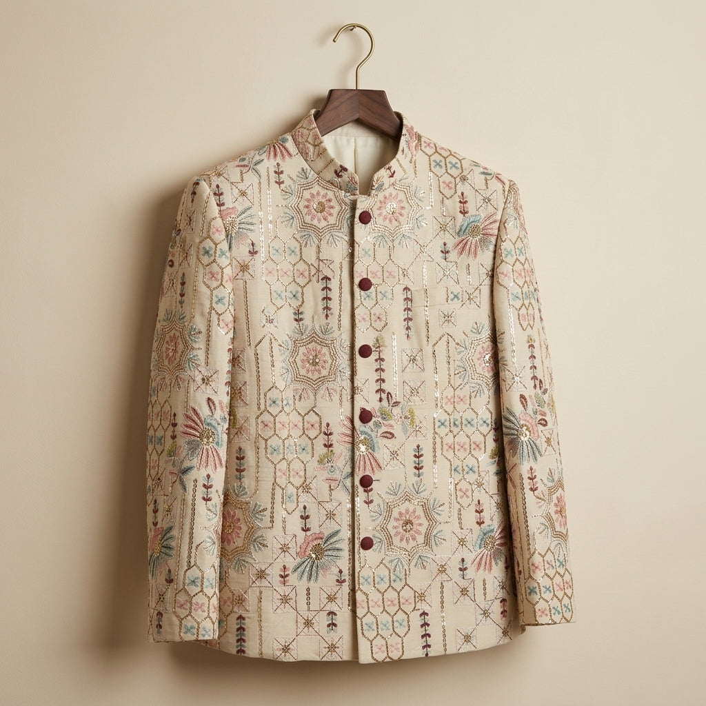 Pure Cotton Embroidery Fabric — Ivory | Thread & Sequin Work | M'Foks