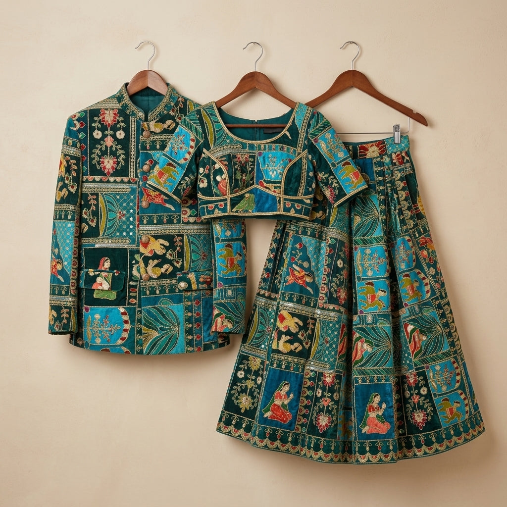 Natural Crepe Position Cording Work Fabric | Peacock Blue