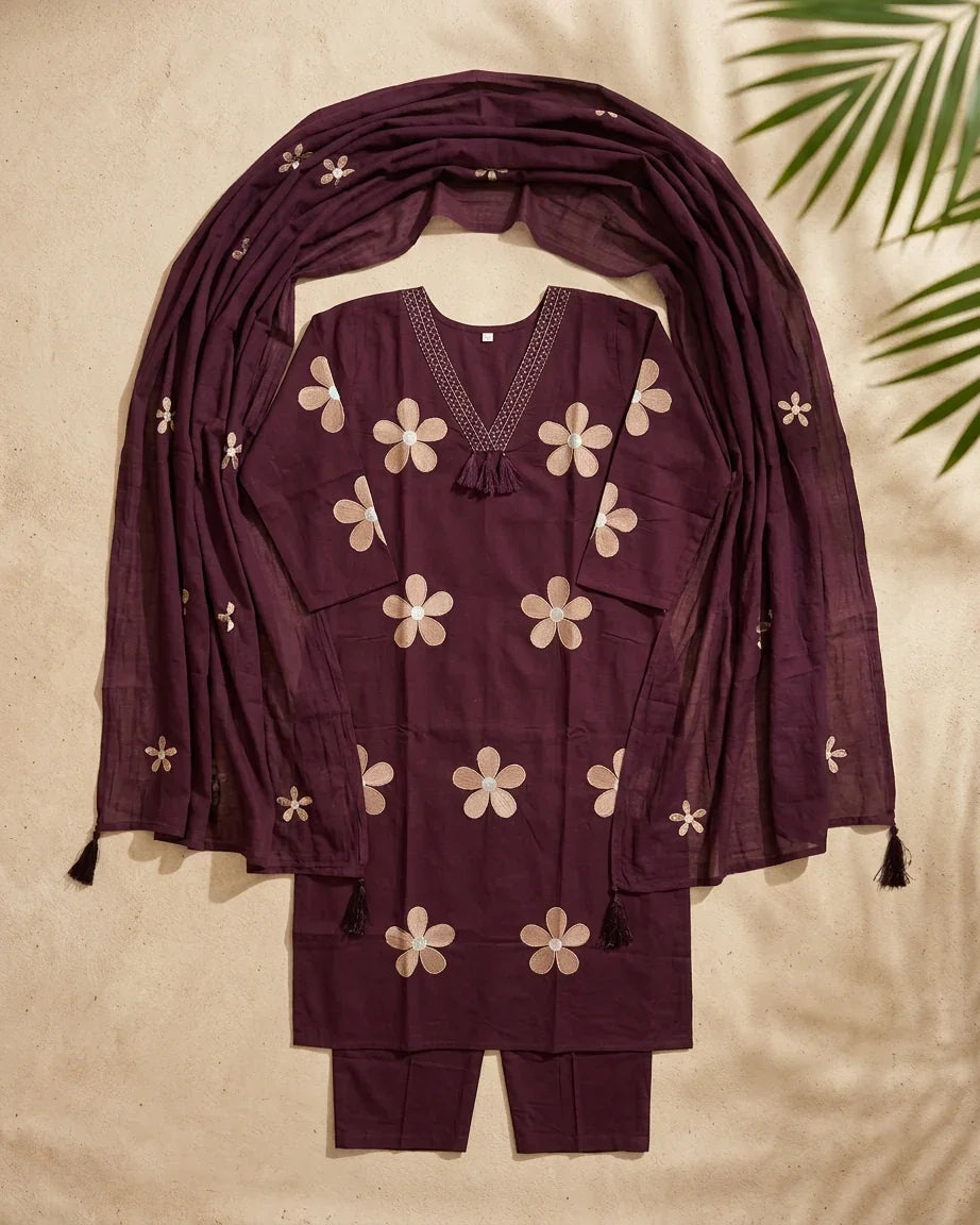 Pure Cotton Suit Set — Wine Burgundy | Daisy Patch Flower Thread Embroidery | 3-Piece