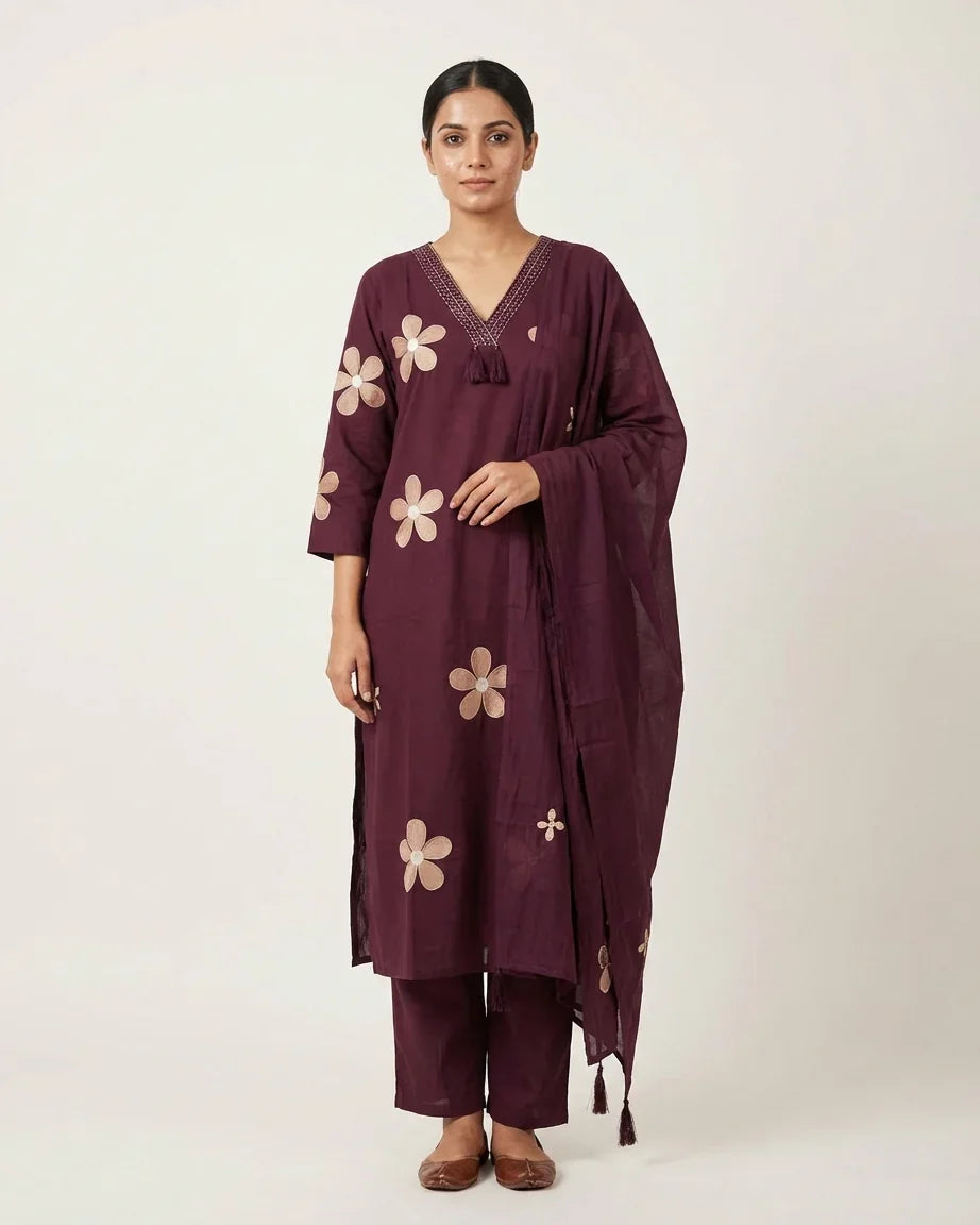 Pure Cotton Suit Set — Wine Burgundy | Daisy Patch Flower Thread Embroidery | 3-Piece