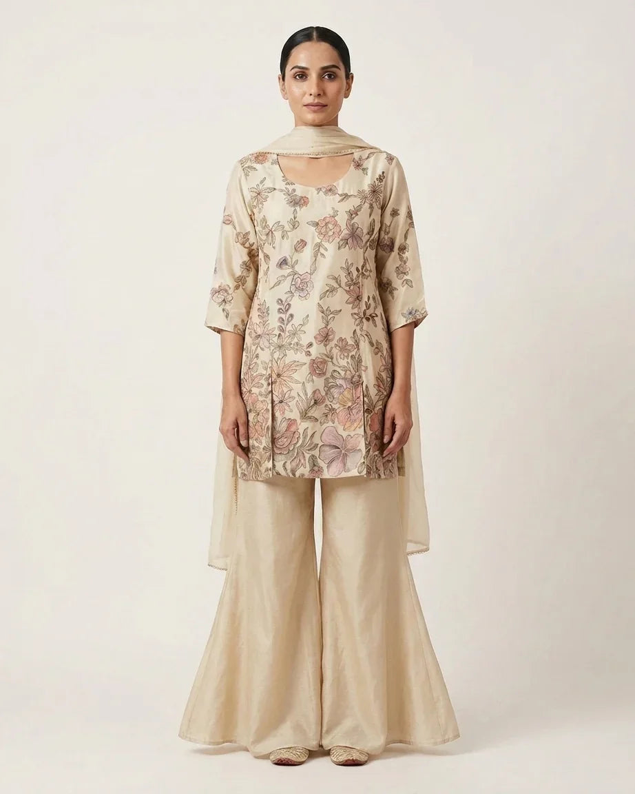 Natural Crepe Floral Print Kurta — Ivory | Chinon Palazzo & Chiffon Dupatta | 3-Piece Set