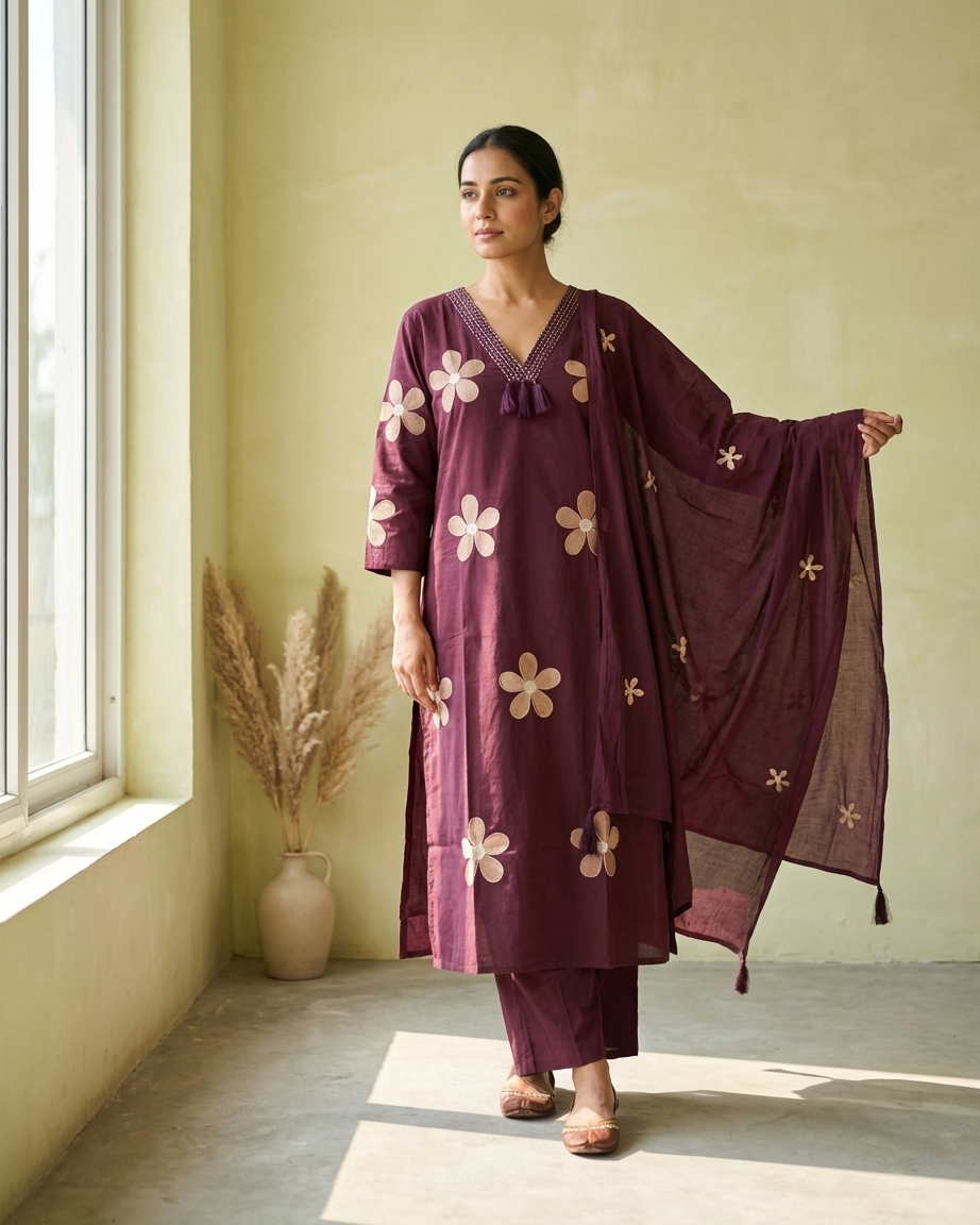 Pure Cotton Suit Set — Wine Burgundy | Daisy Patch Flower Thread Embroidery | 3-Piece