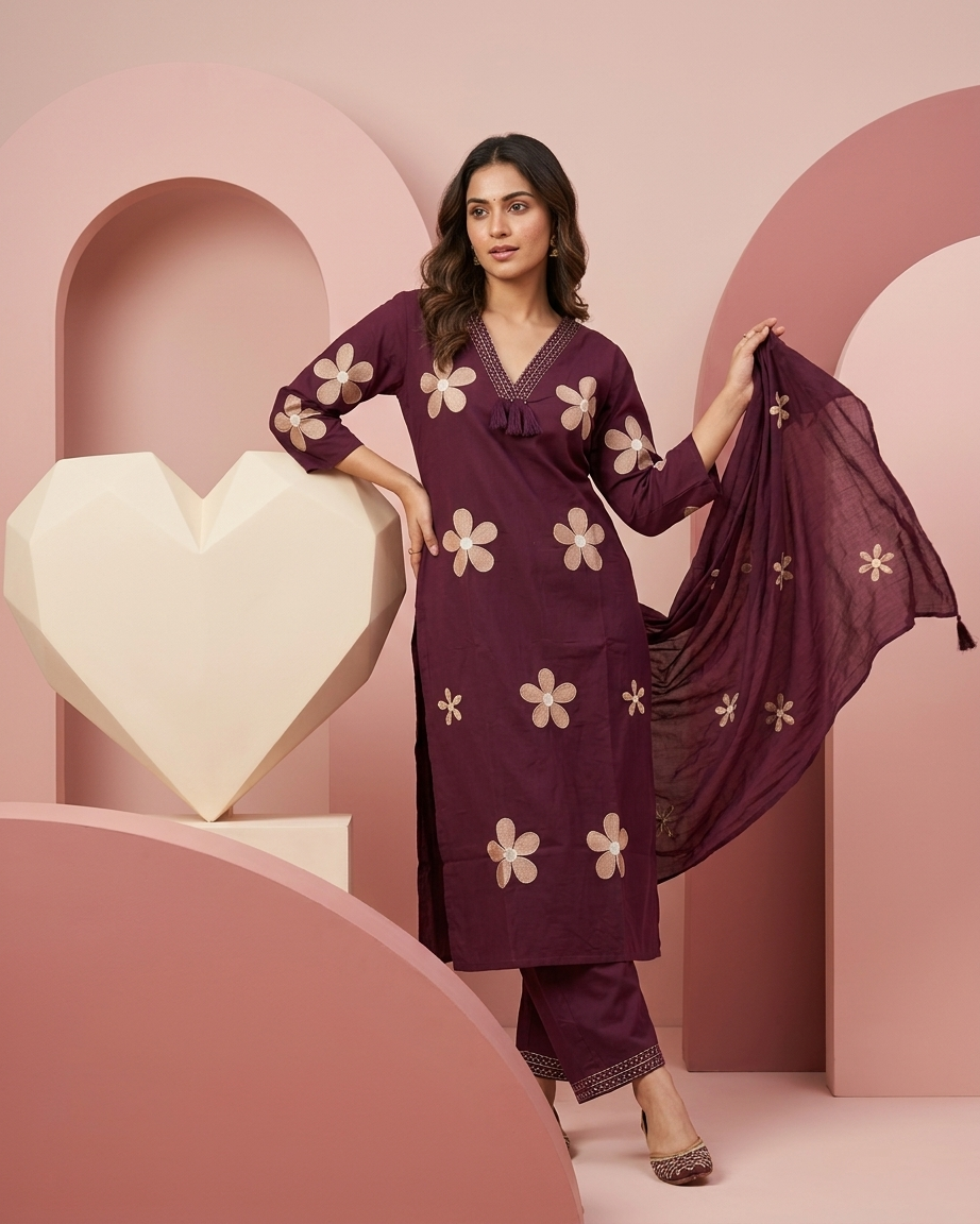 Pure Cotton Suit Set — Wine Burgundy | Daisy Patch Flower Thread Embroidery | 3-Piece