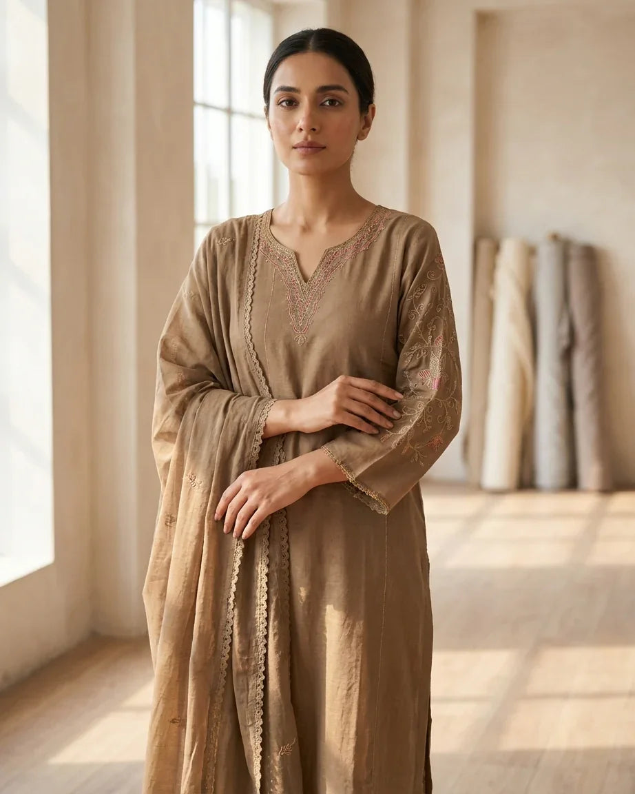 Mal Cotton A-Line Suit Set — Khaki | Floral Thread Yoke & Lace Trim