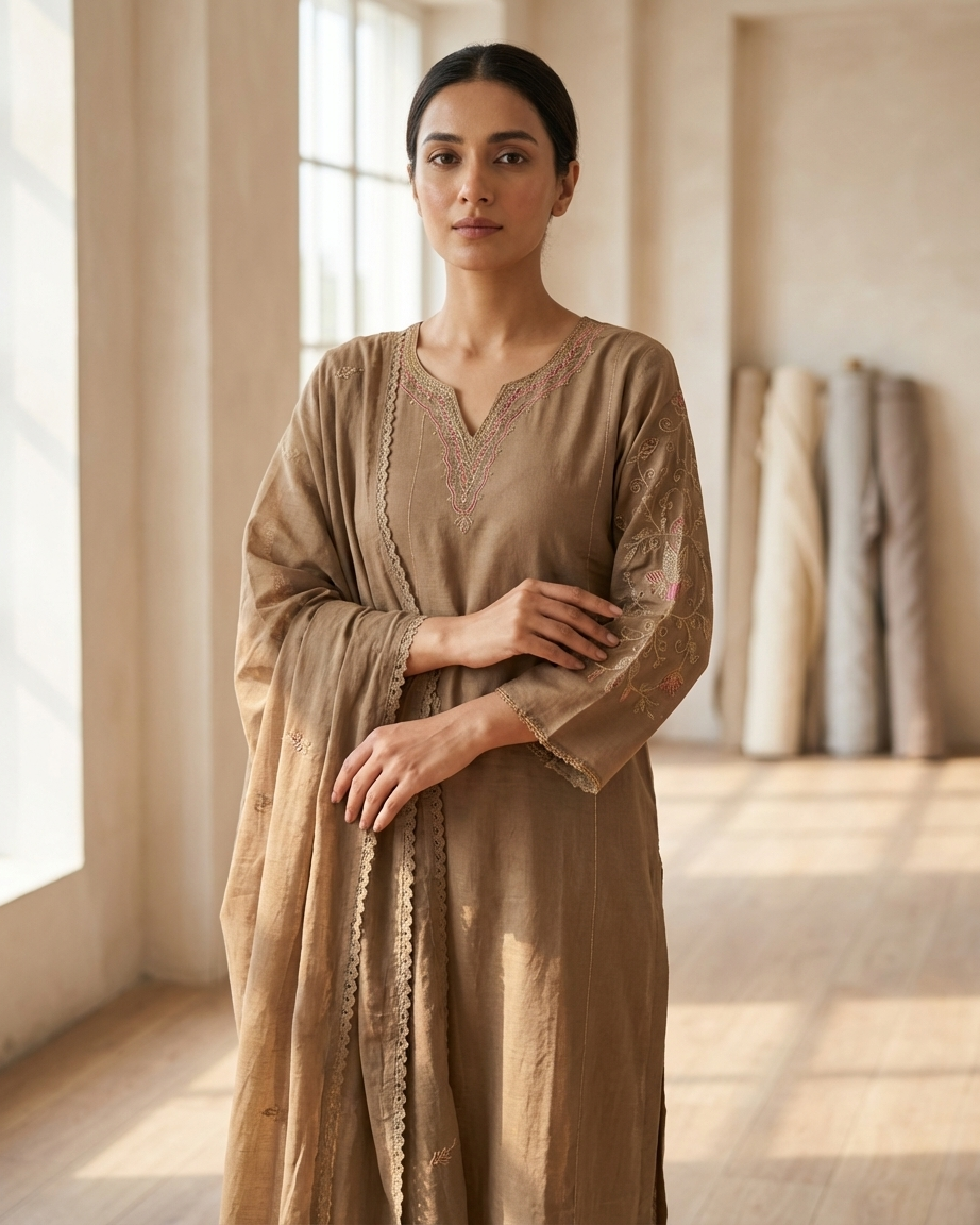 Mal Cotton A-Line Suit Set — Khaki | Floral Thread Yoke & Lace Trim