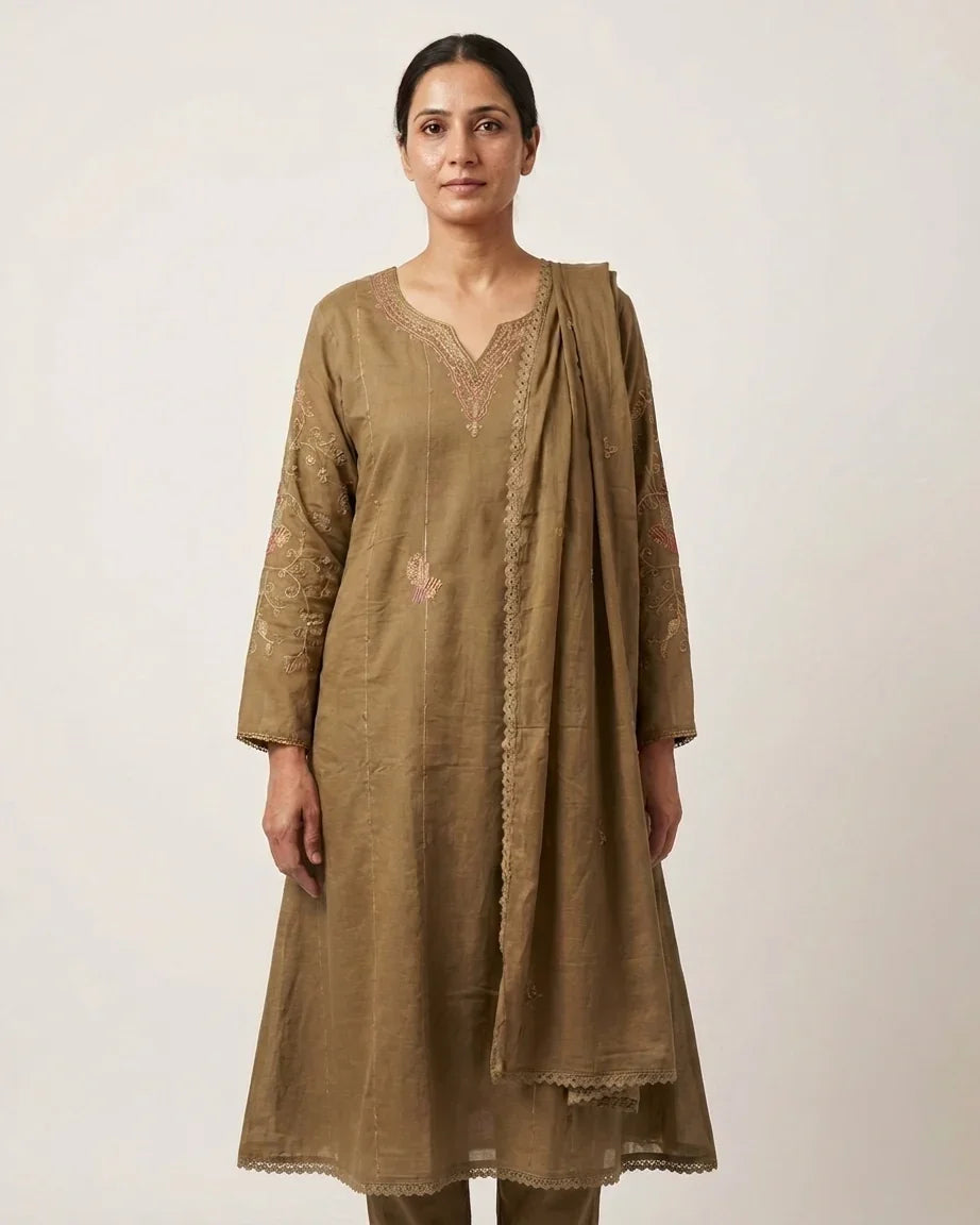 Mal Cotton A-Line Suit Set — Khaki | Floral Thread Yoke & Lace Trim