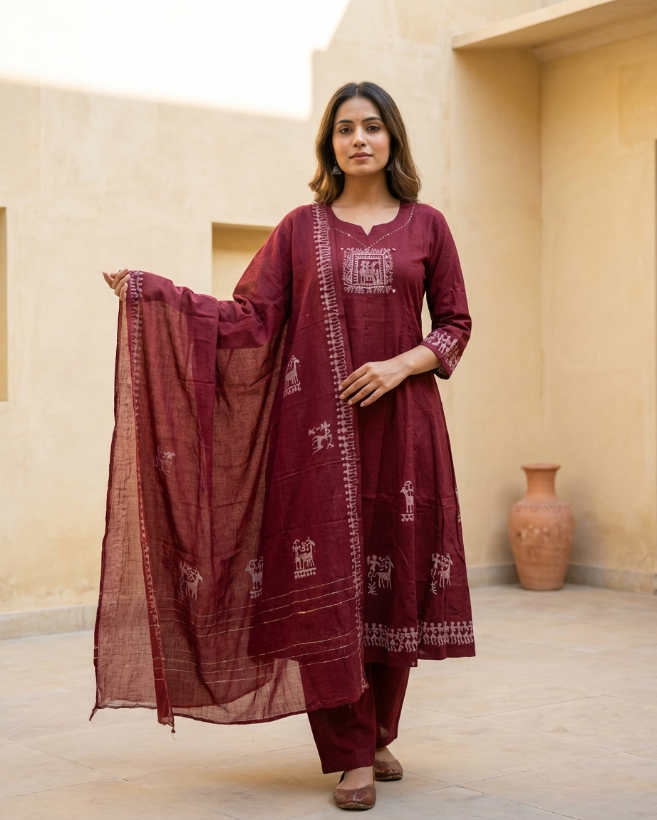Pure Cotton A-Line Suit Set — Maroon | Warli Tribal Art Embroidery | Chanderi Dupatta | 3-Piece