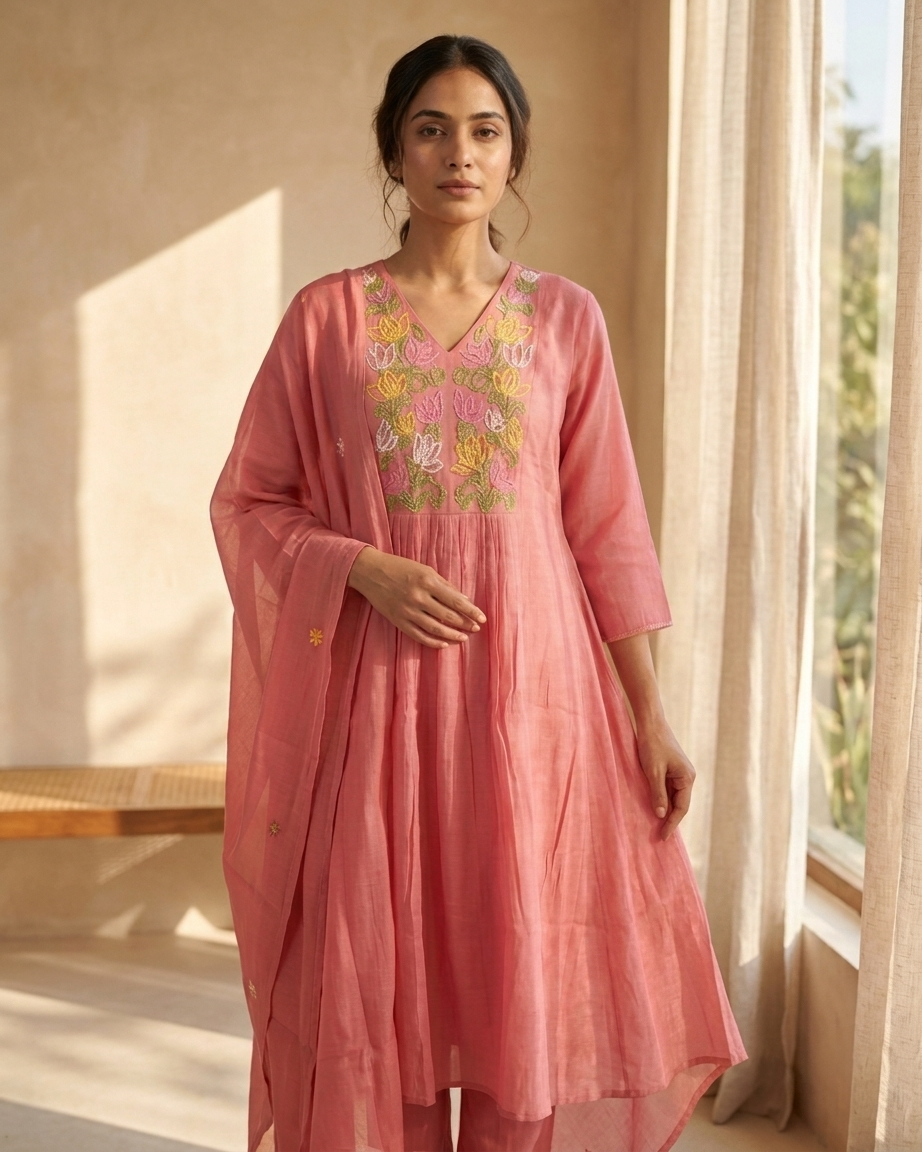 Mal Chanderi A-Line Suit Set — Rose Pink | Multicolour Floral Thread Yoke | 3-Piece