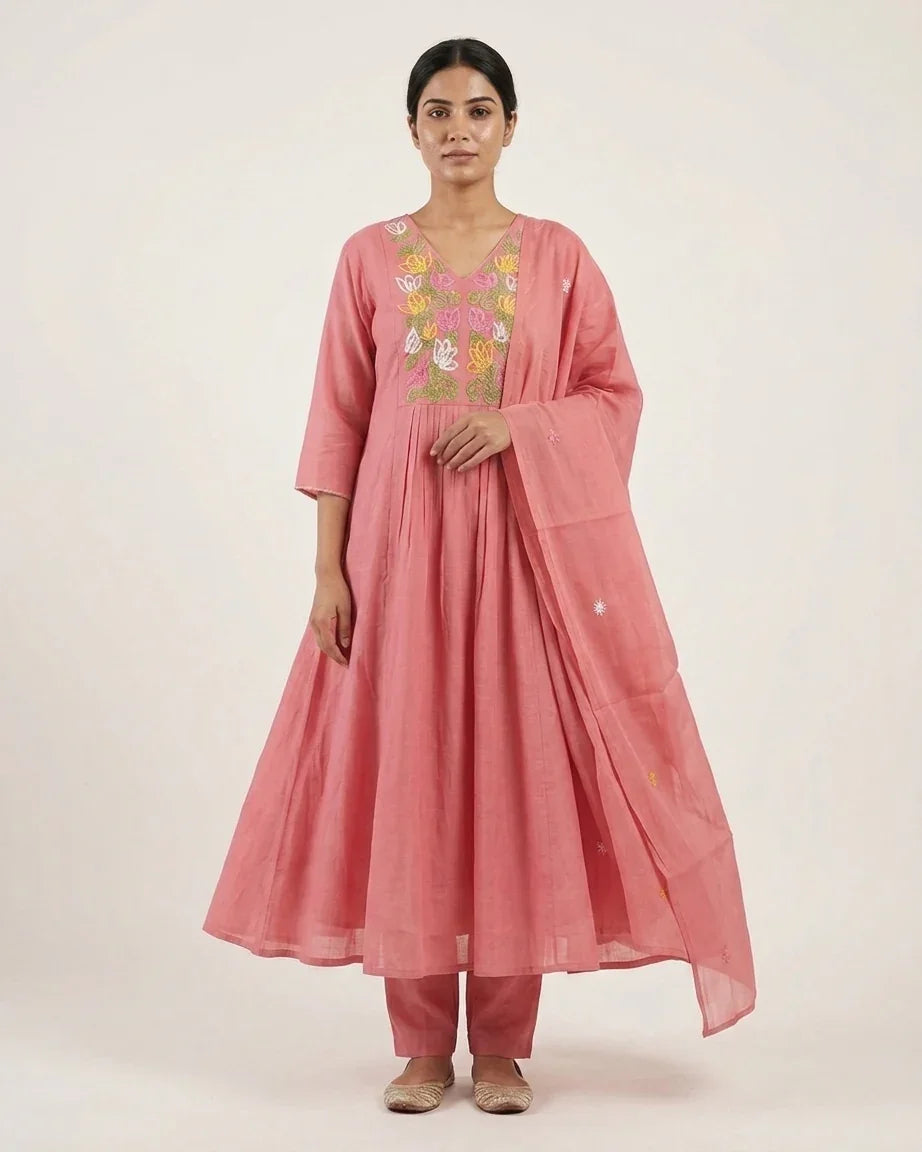 Mal Chanderi A-Line Suit Set — Rose Pink | Multicolour Floral Thread Yoke | 3-Piece
