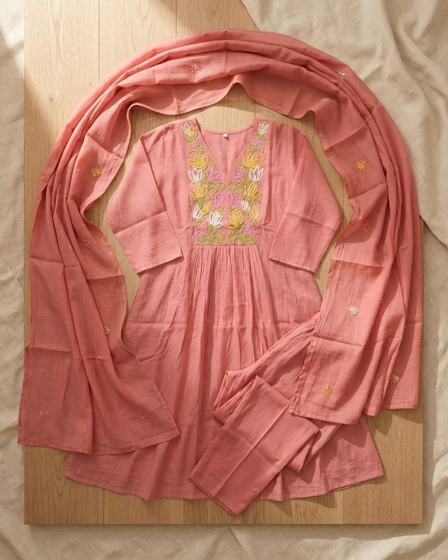Mal Chanderi A-Line Suit Set — Rose Pink | Multicolour Floral Thread Yoke | 3-Piece