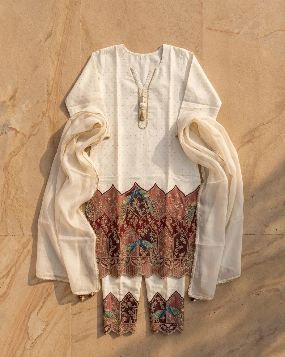 Dola Silk Straight Suit Set — Ivory | Peacock Patchwork Border | Viscose Organza Dupatta | 3-Piece