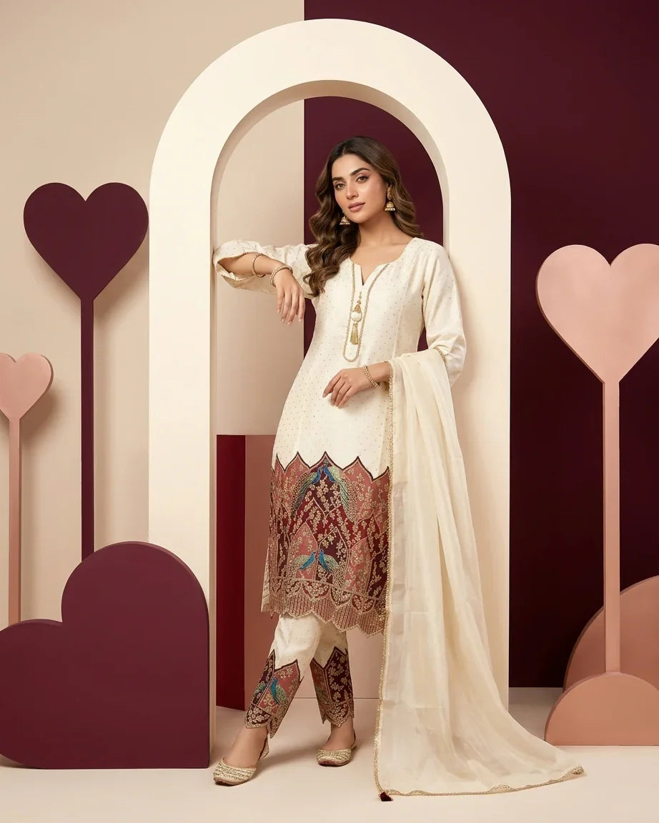 Dola Silk Straight Suit Set — Ivory | Peacock Patchwork Border | Viscose Organza Dupatta | 3-Piece