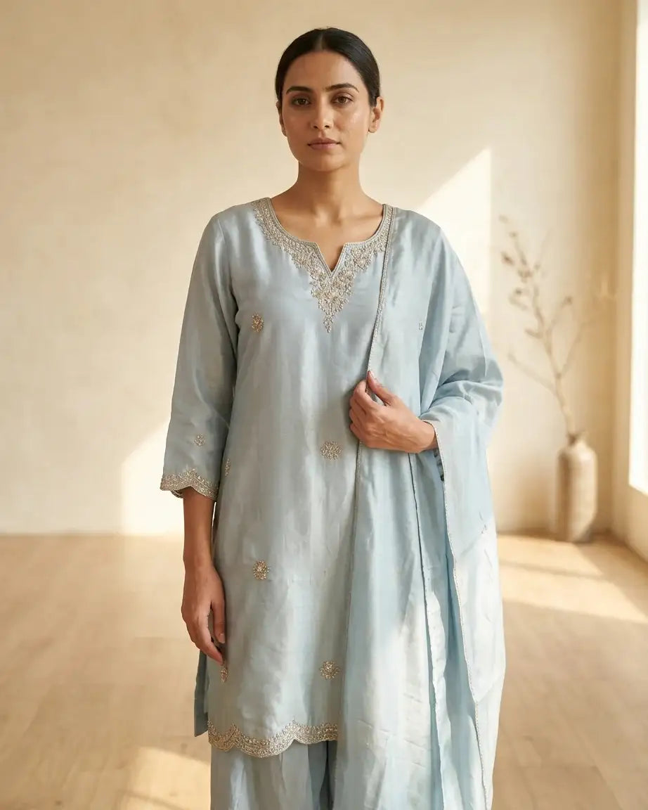 Tissue Short Kurta & Palazzo Set — Ice Blue | Pearl Zardozi Neckline | Scalloped Gold Zari Border | M'Foks
