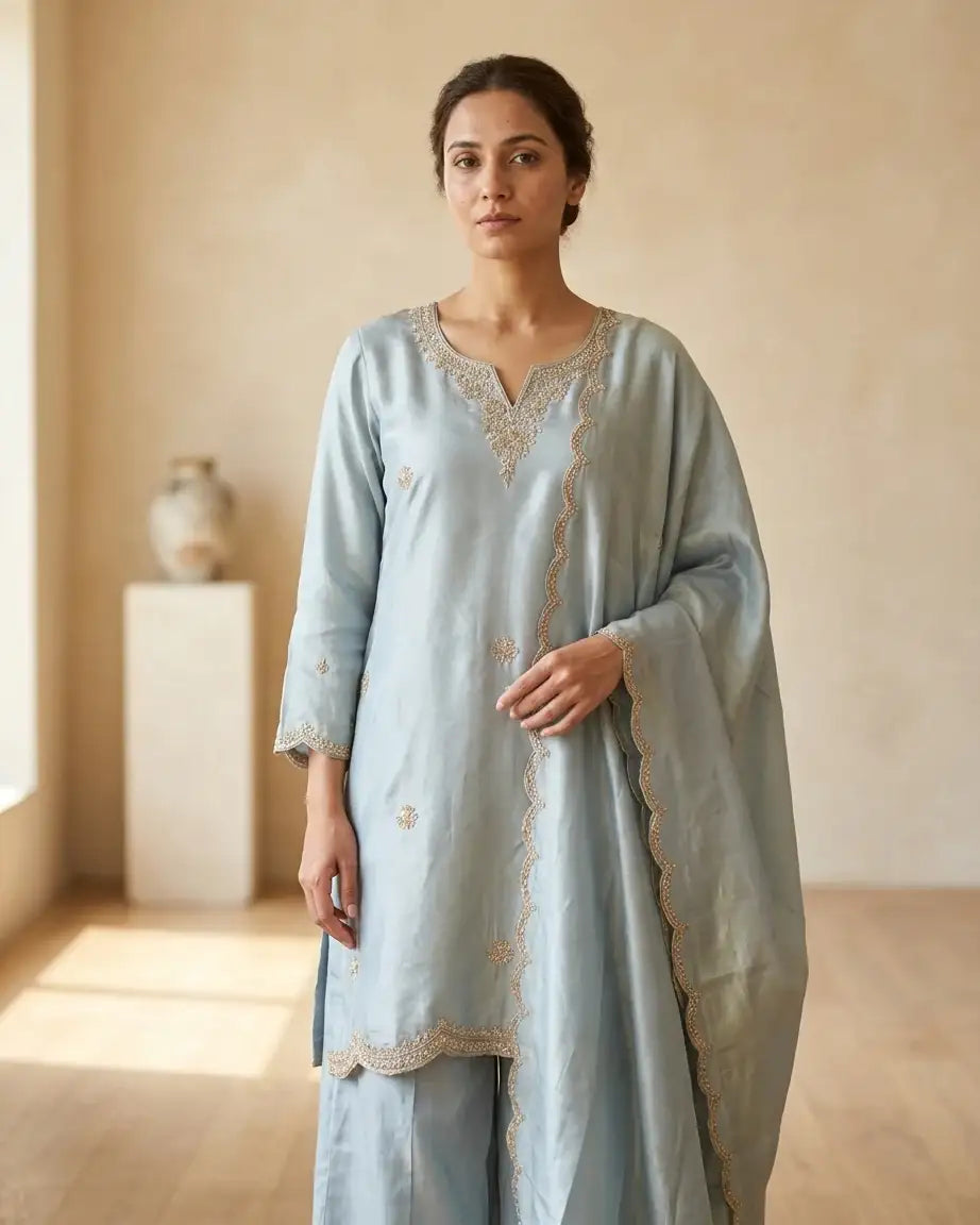 Tissue Short Kurta & Palazzo Set — Ice Blue | Pearl Zardozi Neckline | Scalloped Gold Zari Border | M'Foks