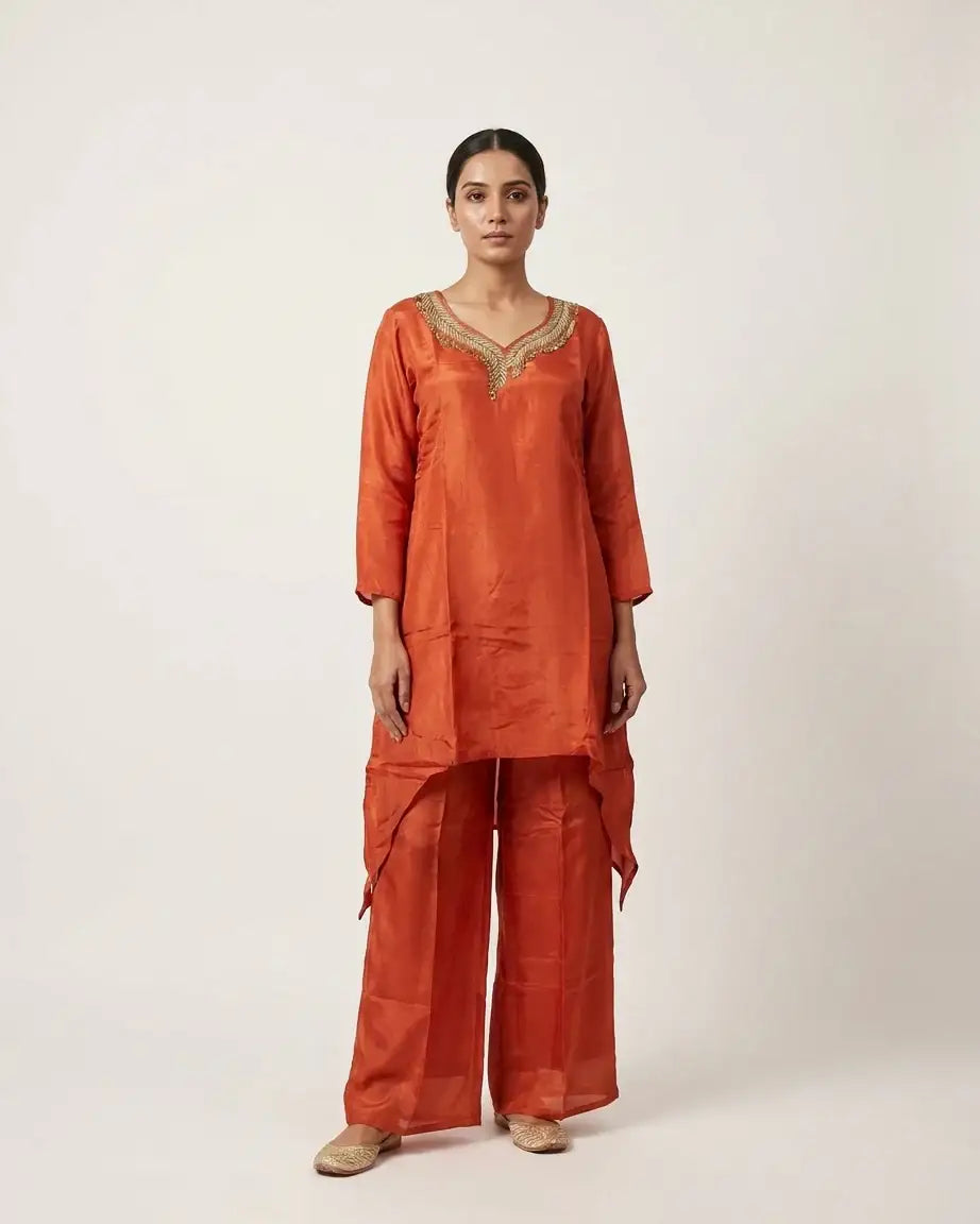 Glass Organza Coord Set — Rust | Zardozi Neckline | Asymmetric Kurta & Gharara Palazzo | 3-Piece | M'Foks