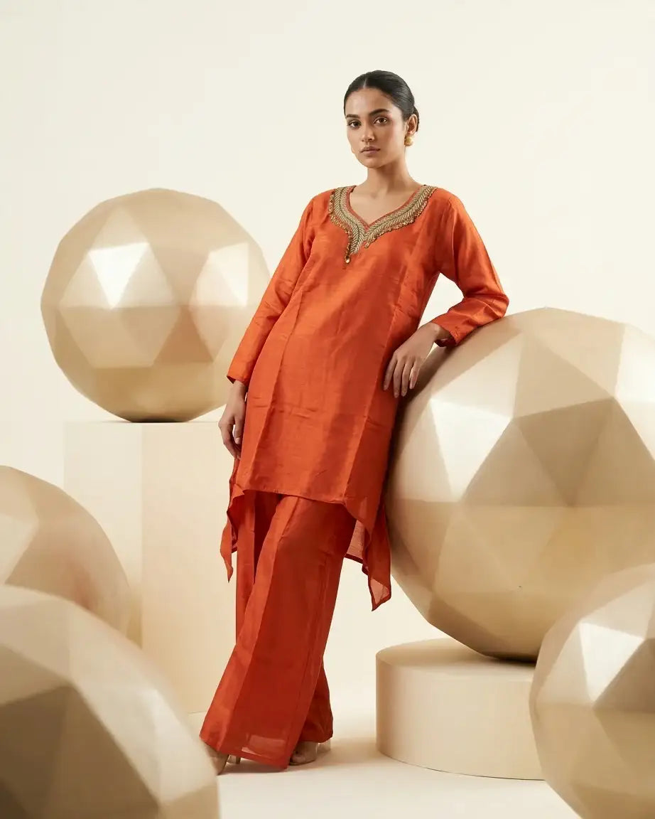 Glass Organza Coord Set — Rust | Zardozi Neckline | Asymmetric Kurta & Gharara Palazzo | 3-Piece | M'Foks