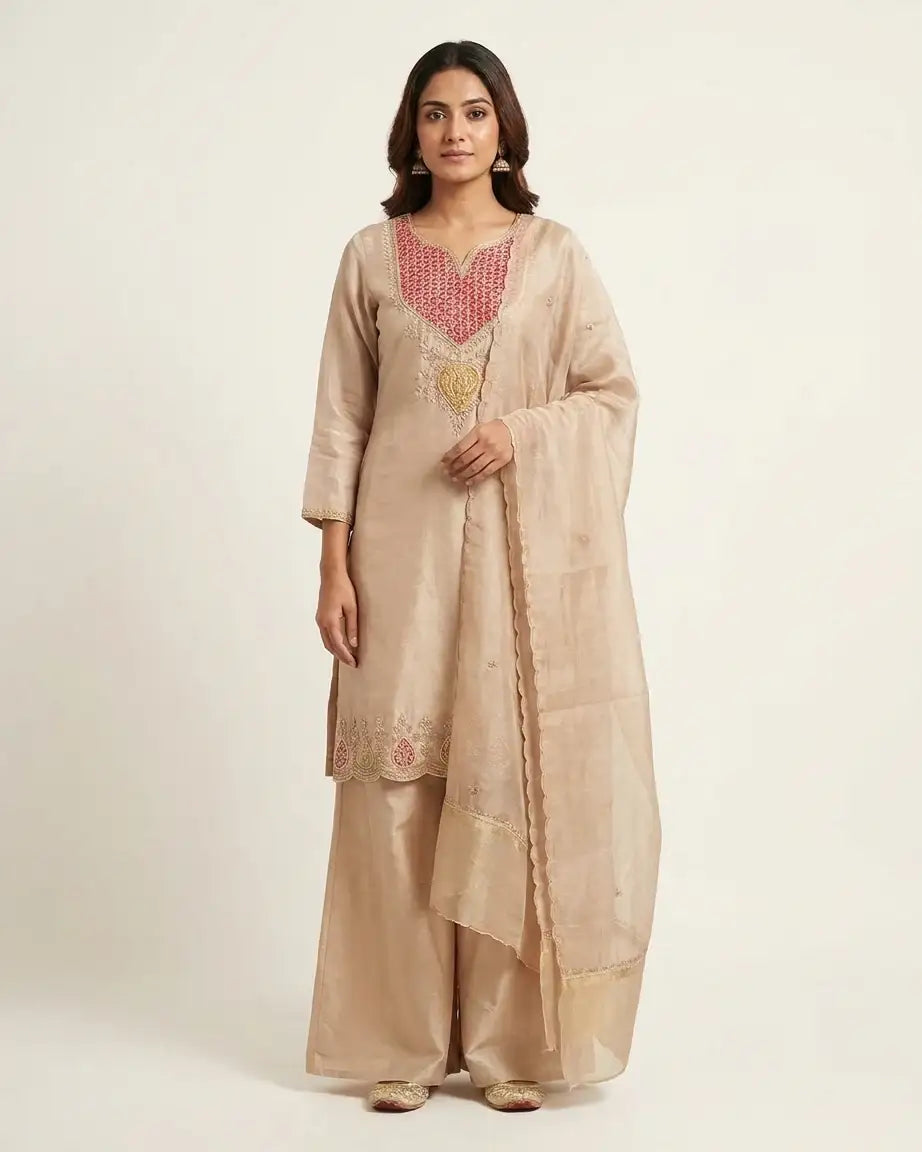 Tissue Short Kurta & Gharara Set — Champagne | Zardozi Hand Work | Pink Neckline | Gold Zari Hem | M'Foks